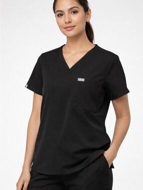 Figs Catarina Black V-Neck Short Sleeve Scrub Top Technical Collection - Size L